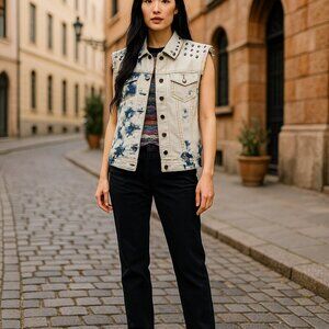 Rehab Womens Small Acid Wash Denim Studded Safety Pins Button Front Vest Size S